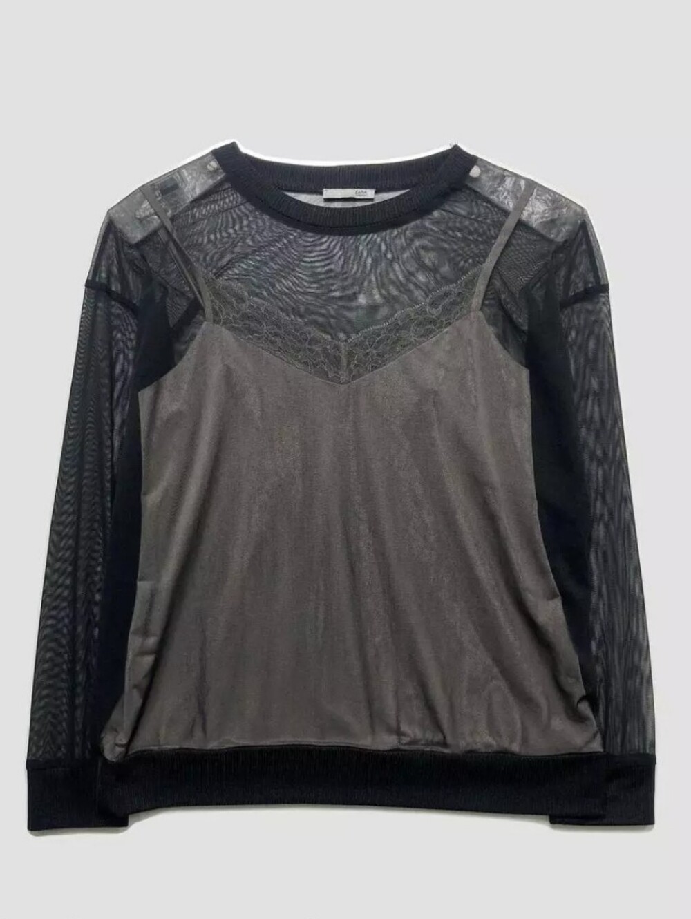Zara Black Sheer Mesh Top with Ribbed Neck